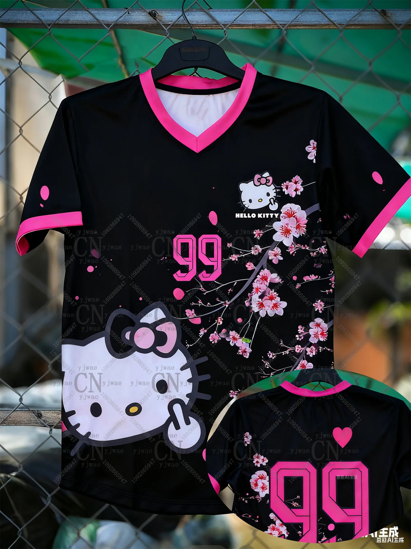 

Japanese Style Hellokitty Cherry Blossom Soccer Sportswear Tshirt V-Neck Loose Breathable Graphic Tee Women'S Streetwear Y2k Top