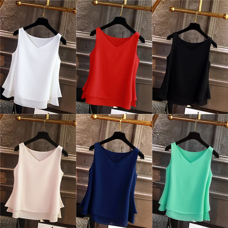 Tops y blusas para mujer, camisa de gasa con volantes, sin mangas, cuello en V, blanco y negro, ropa coreana, verano 2024