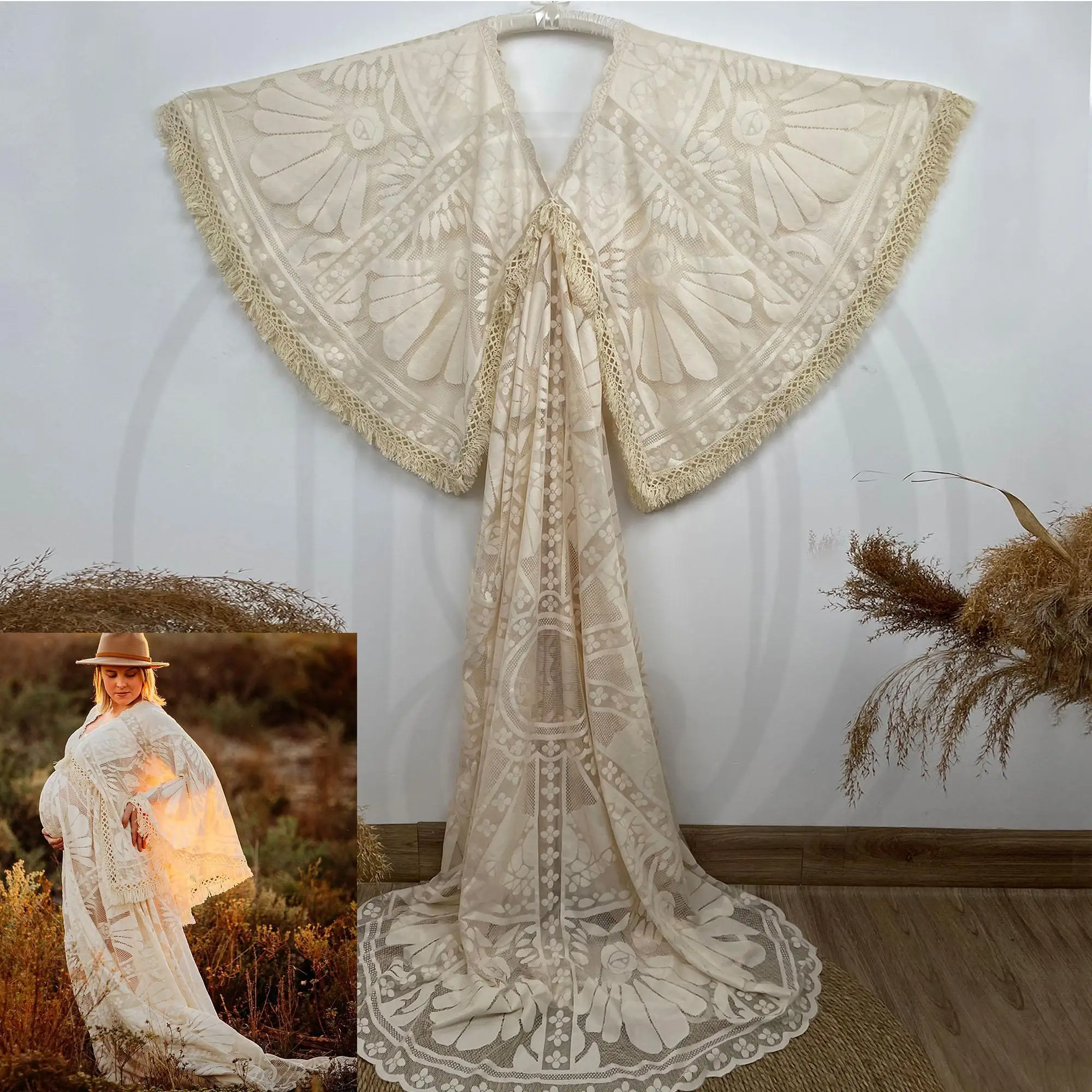 Don&Judy Maternity Dress Photoshoot Lace Bohemian Style Long Sleeves Dress For Pregnant Woman Baby Shower Gown