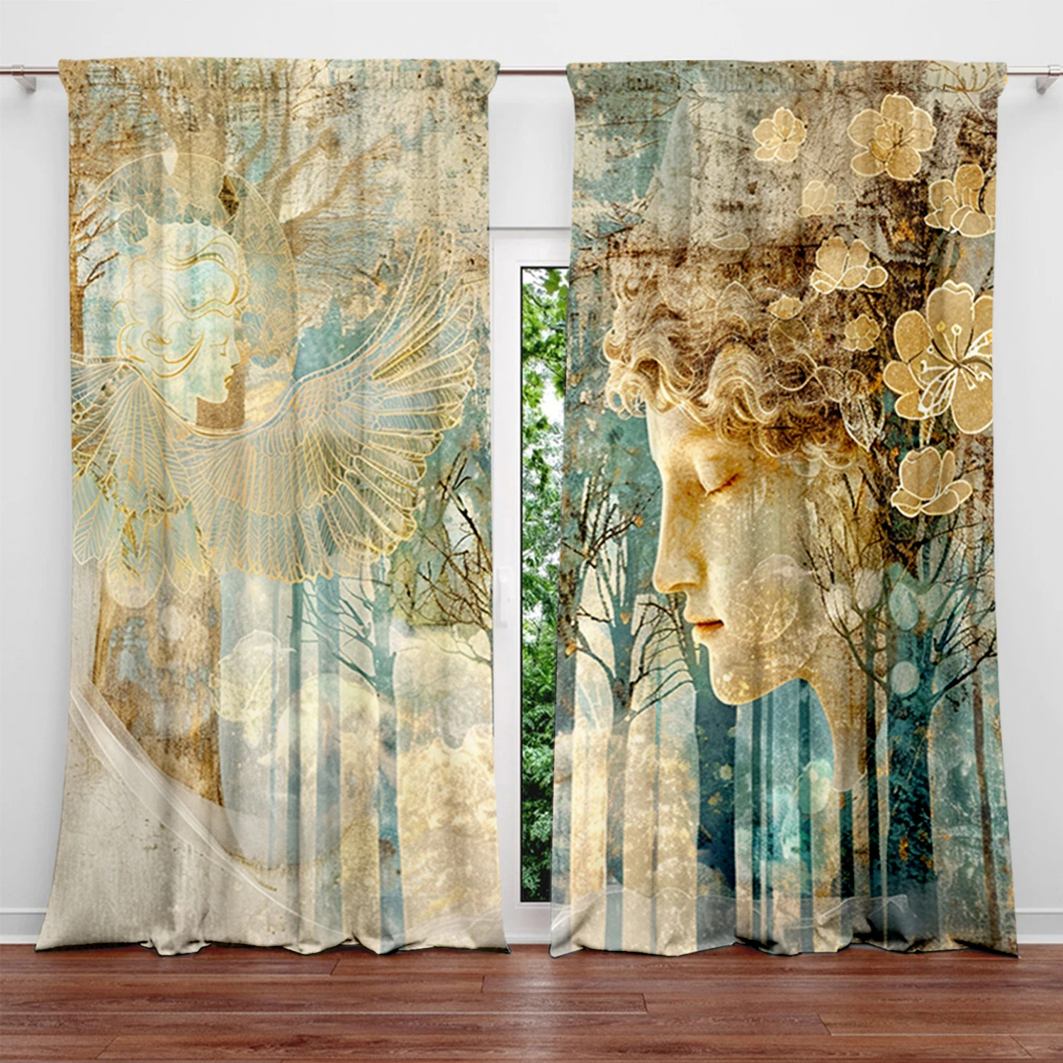 

2pcs Character Watercolor Painting Printed Curtain for Home Decor - Rod Pocket Window Treatment for Bedroom, Office, Kitchen
