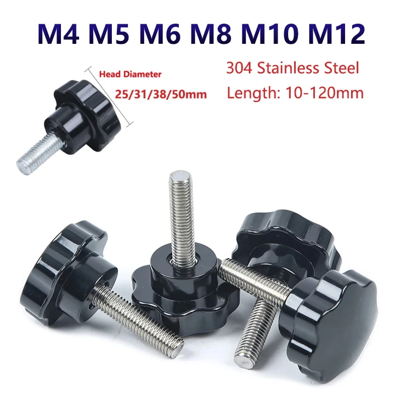 2PCS M4-M8 304 Stainless Steel Plum Handle Shape Thread Clamping Handle Bolt Bakelite Hand Knob Tightening Screw Star Knob Head