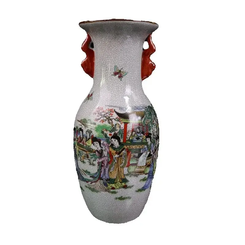 Chinese Old Porcelain Vase Double Eared with Crack Pink Twelve Gold Hairpin Pattern Traditional Decorative Home Decoration