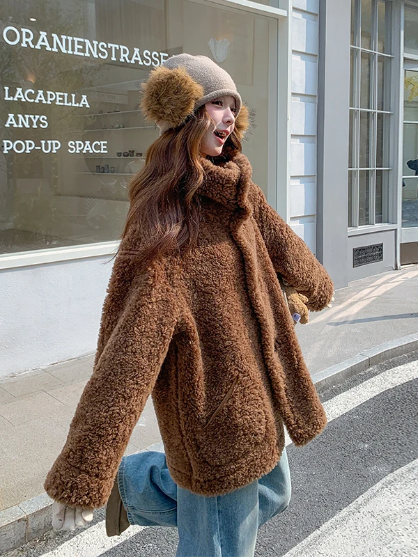 Casaco Feminino de Pele de Cordeiro Ort, Reversível, Quente, Casual, Ajuste Solto com Capuz para Outono e Inverno