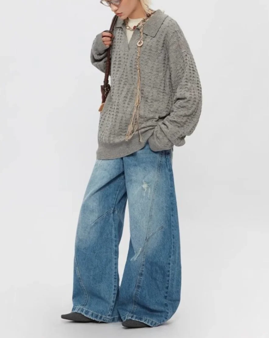 

Men's Wear Curved Jeans American Lightning Crack Hole Worn-out Jeans Distressed Vintage Men Trousers Trend