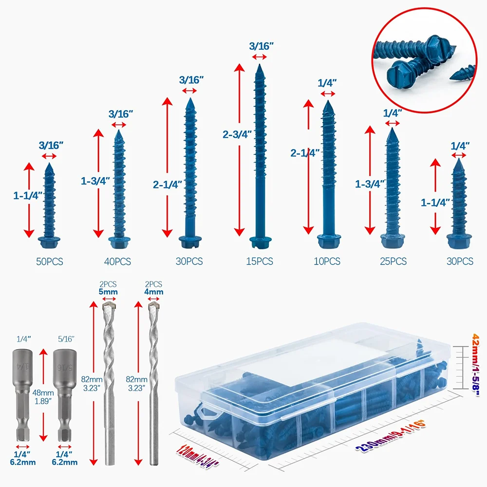 

200 шт. винты для бетона со сверлом, шестигранная шайба, шлицевые синие цементные алмазные хвостовые винты + головки + сверла 3/16 дюйма 1/4 дюйма