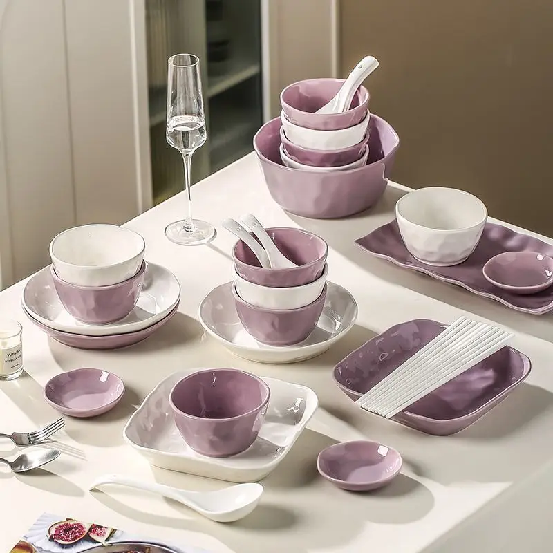 Purple milk white ceramic tableware set, high aesthetic French bowl and plate combination, a complete set