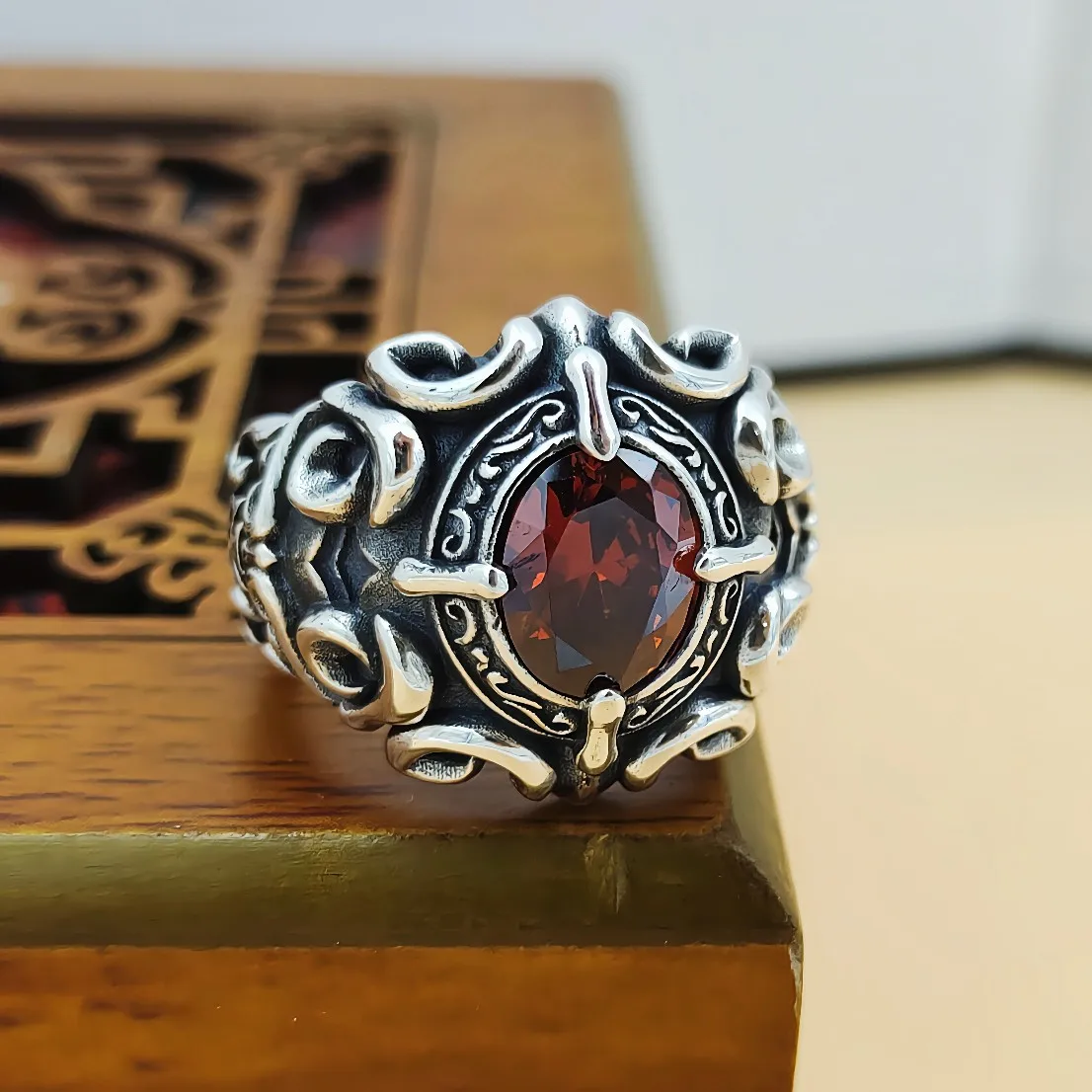 

925 silver inlaid red vintage Thai silver ring boys European and American style ring trendy domineering adjustable ornament