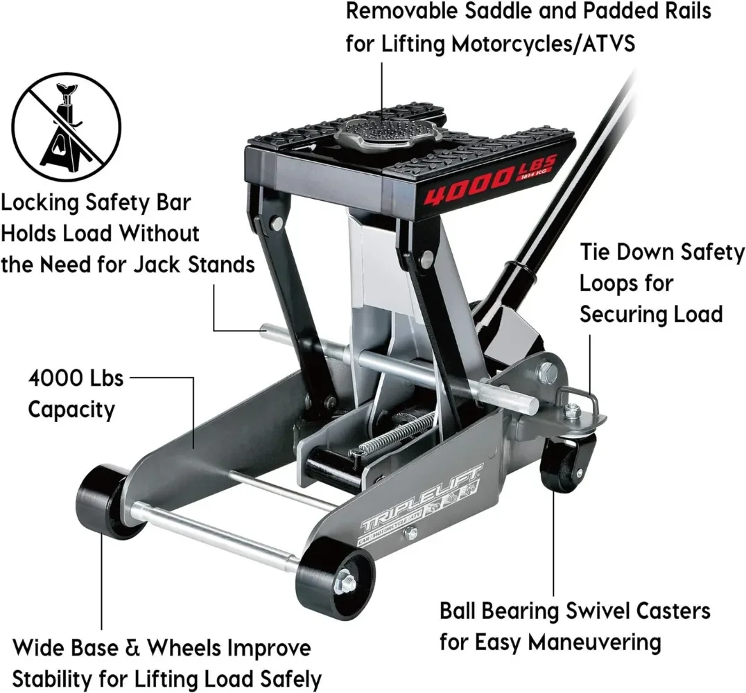 2 톤 트리플 리프트 플로어 잭, 자동차, 트럭, 오토바이, ATV 리프트, 변속기 타이 다운 루프, 잠금 안전 바 실버