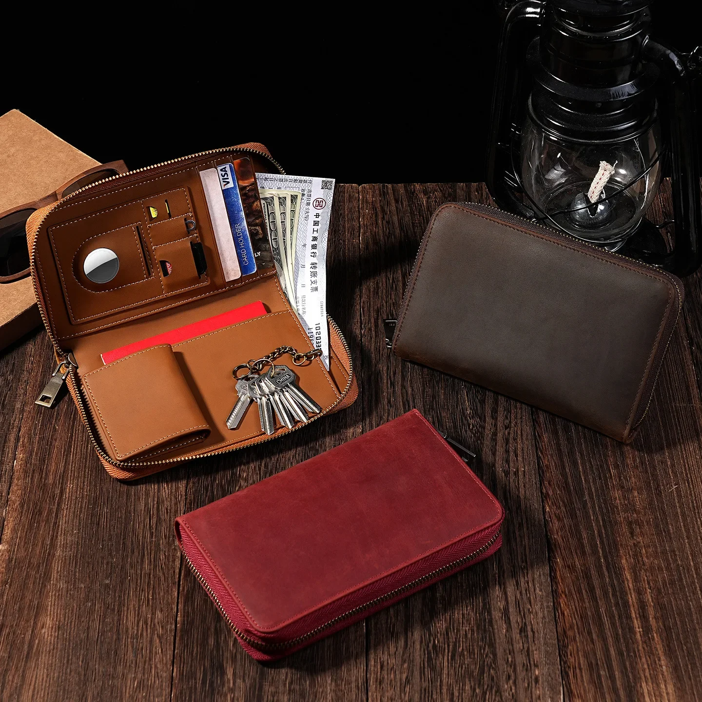Passport Wallet with AirTag Holder Leather Neck hanging style passport Organizer with Key Chain, Card Slots for Anti-Loss Travel