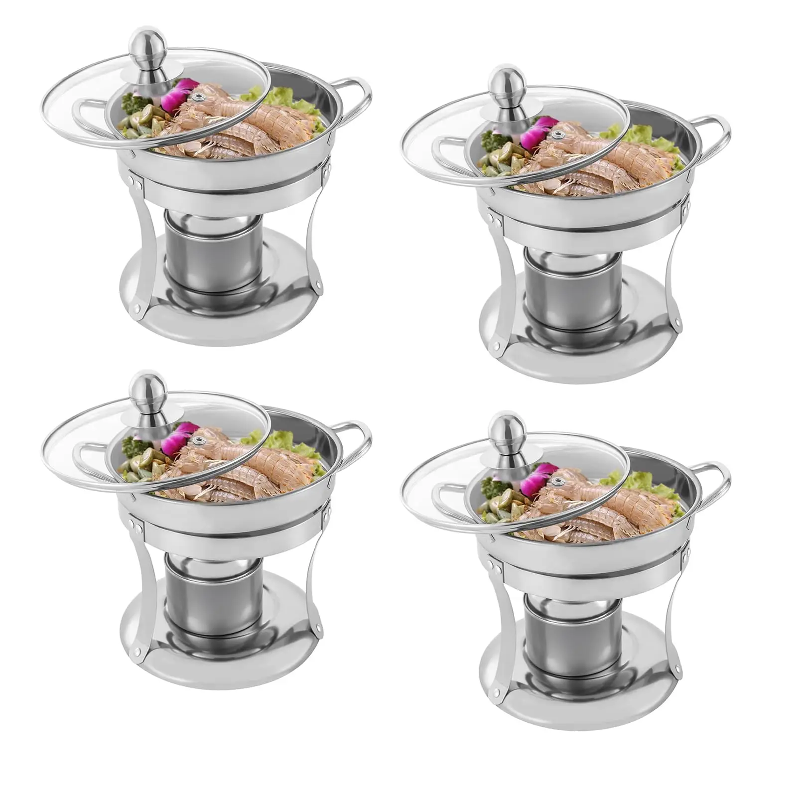 

4-х комплектов небольших подогревателей для шведского стола из нержавеющей стали, круглых подогревателей для посуды с крышкой для одиночного горячего горшка, общественного питания, вечеринок