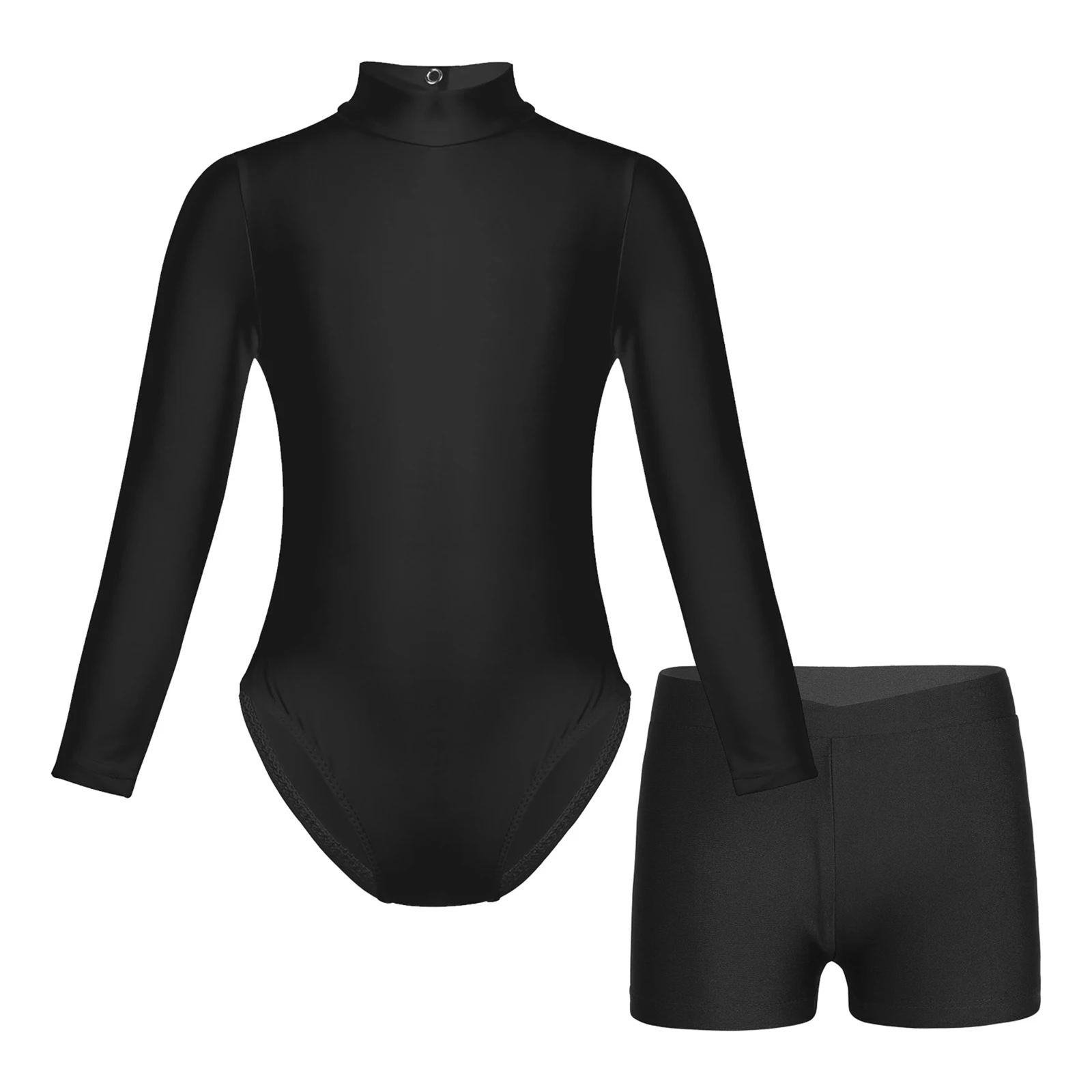 

Kids Girls Lyrical Ballet Dance Bodysuit Long Sleeves Mock Neck Slim Fit Leotard with Shorts Outfit for Gymnastics Sportswear