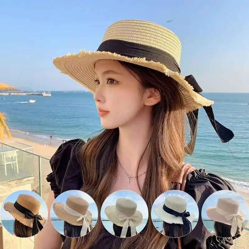 Sombrero de playa japonés de paja con borde peludo, gorra de verano para mujer, sombrero de sol de copa plana para excursiones, sombrero de sol con lazo pequeño y fresco para playa