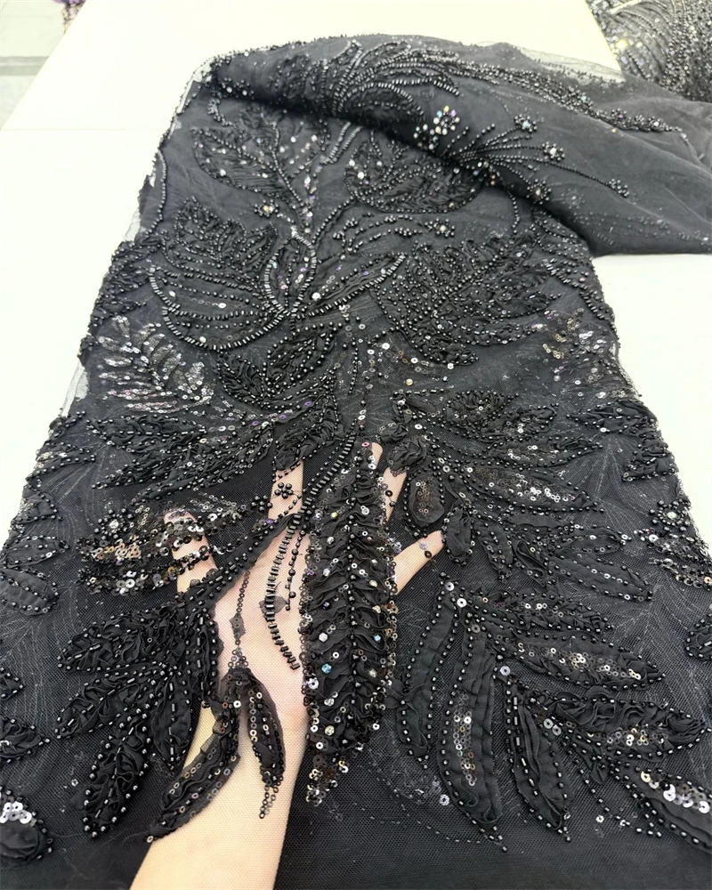 2025년 고품질 프랑스 3D 플라워 스팽글 자수 비즈 튤 레이스 원단 (아프리카 레이스 원단) 파티 드레스용