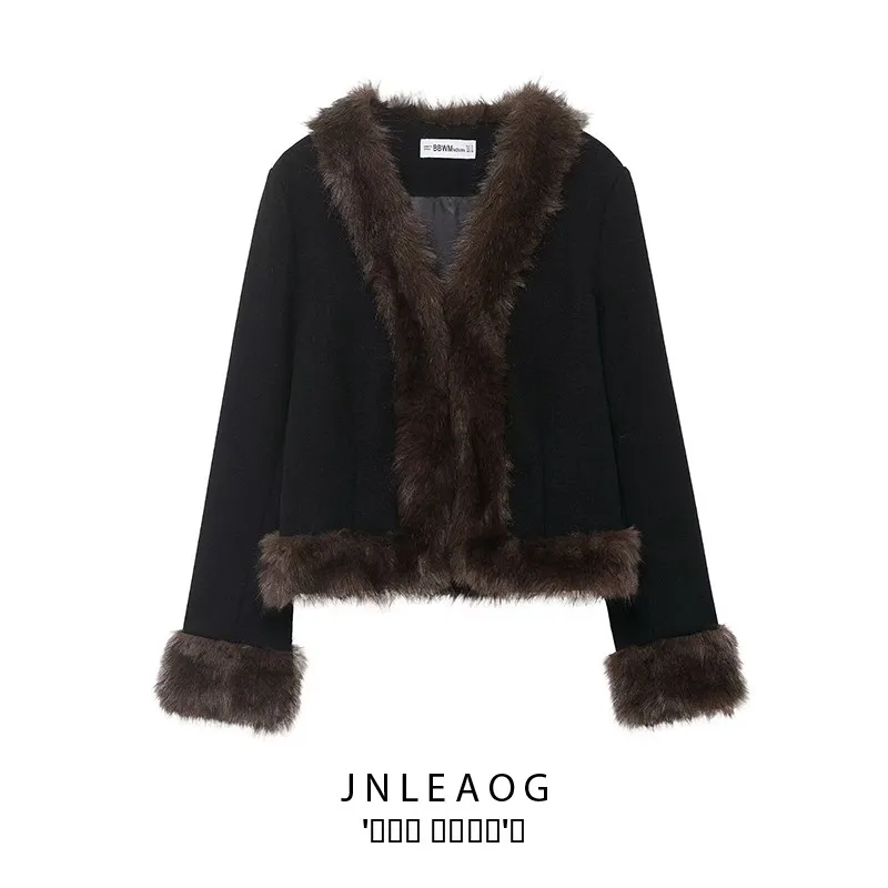 Faionable Cuello de piel Patchwork Abrigo de cuero que se pega en la cintura Nuevo diseño de ropa de mujer de otoño Sensation JNLEAOG ort Exterior...