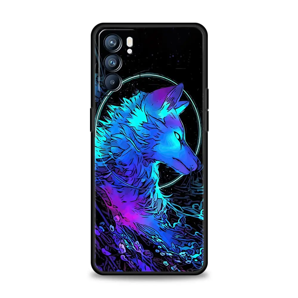 Wolf Animal Case For OPPO A16 A15 A54 A53 A52 A9 2020 A74 A76 A95 A12 Reno7 SE Reno6 Z Find X5 Pro Plus 5G Phone Cover Black