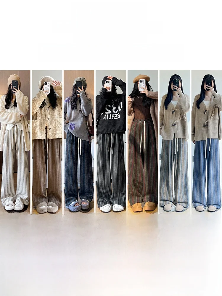 하이웨이스트 와이드 레그 팬츠 여성용 가을 겨울 체크 울 바지 캐주얼 편안한 스트레이트 컷 레트로 레이지 패션