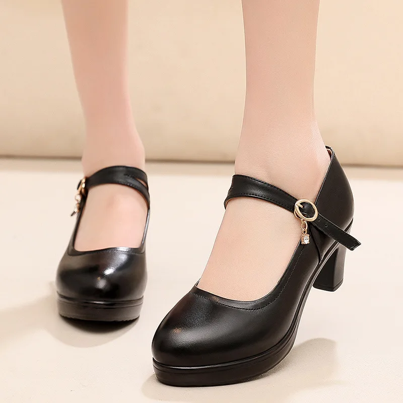 

8cm 10cm Small Size 32-43 Shallow Soft Leather Mary Janes Platform Pumps 2025 Spring Trend Block High Heels Shoes Office Model