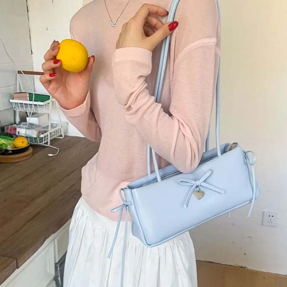 

Sweet French Stick Handbag Bow Decoration Anti-splash Water Solid Color Underarm Bags Korean Style Large Capacity