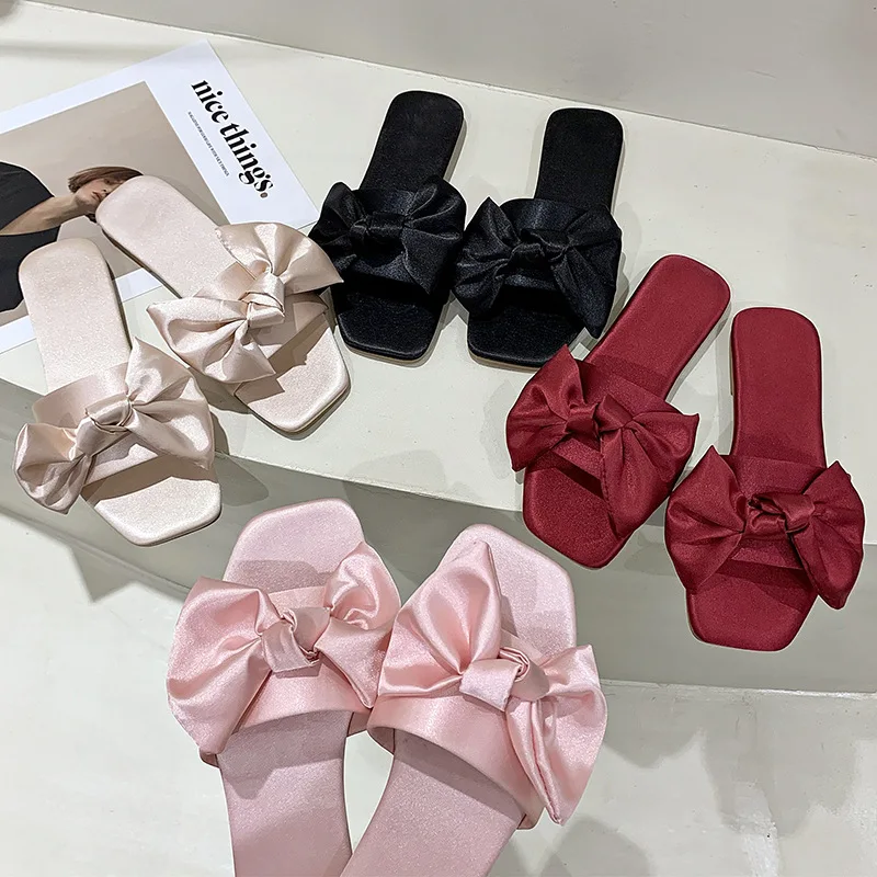 Kimono Wedding Slippers With Butterfly-knot Fashion Bride Bridesmaid Party Gift Indoor Shoes Satin Low-heeled Slides