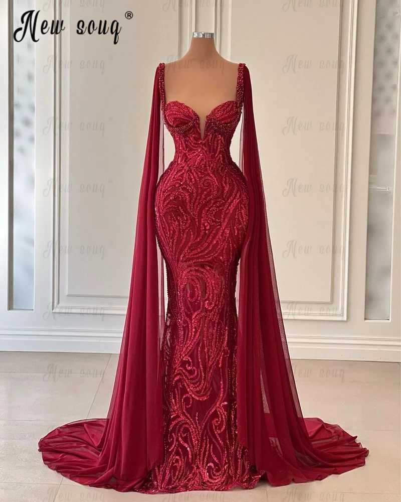 Vestido de fiesta rojo de manga larga con capa de lujo para mujer, vestido de Ceremonia de boda con cuentas completas, vestido de noche Formal impresionante, vestido de cena