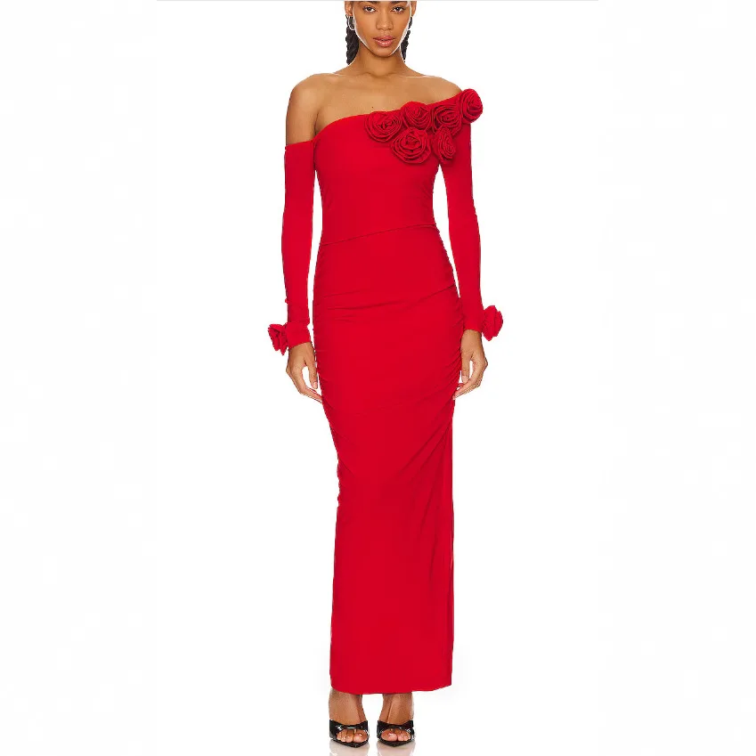ZNS Red Off Shoulder Long Sleeve Flowers Party Dress Luxury 2025 Autumn New High Waist Bodycon Evening Dresses Fashion Prom Gown