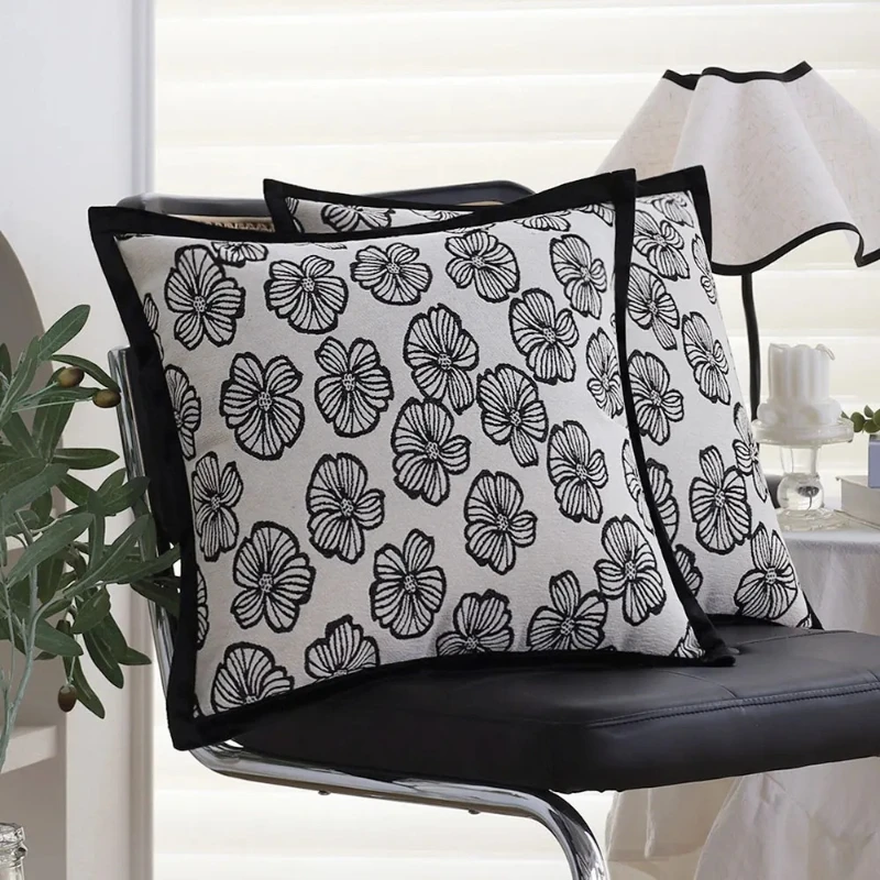 

Pack of 2 Black Floral Jacquard Pillow Covers 18x18inch Leaf Edged Bohemian Black Canvas Back Cushion Covers Modern Home Decor