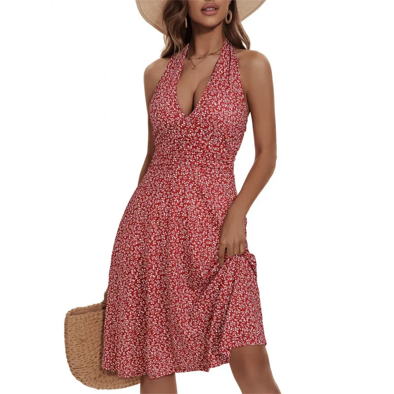 Sexy Boho Women's Summer Mini Dress Elegant Bohemian Floral Printed Beach Sundress Casual Sleeveless Deep V-Neck Dresses Vestido