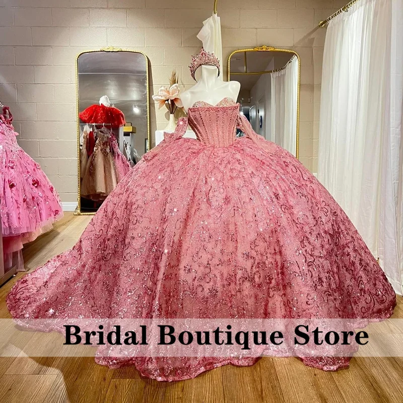 Pink Shiny Sweetheart Beaded Quinceanera Dress With Two Gloves Princess Corset Dresses Appliques Beads Ball Gown Customized