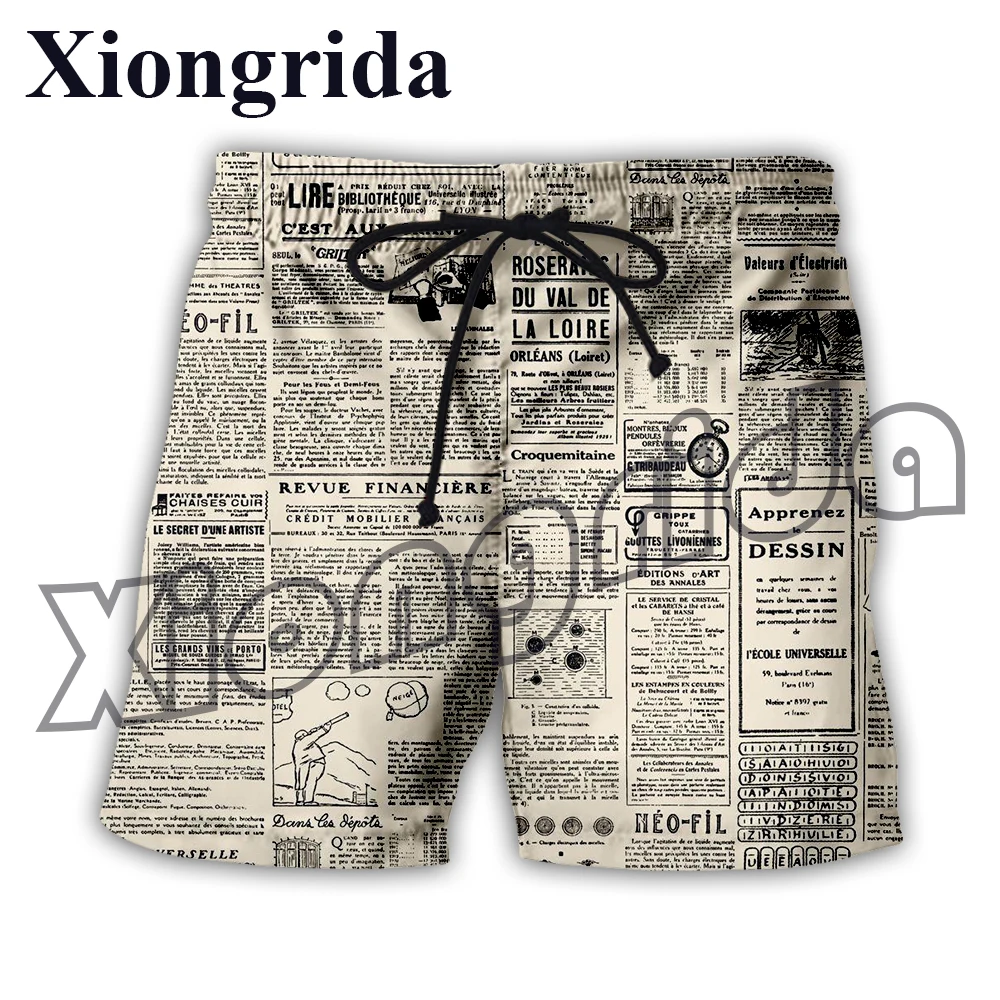 Vintage Newspaper Print Shorts Harajuku Beach Short Pants Simple Style 3D Printed Shorts Men's Short Trunk Tracksuit Streetwear