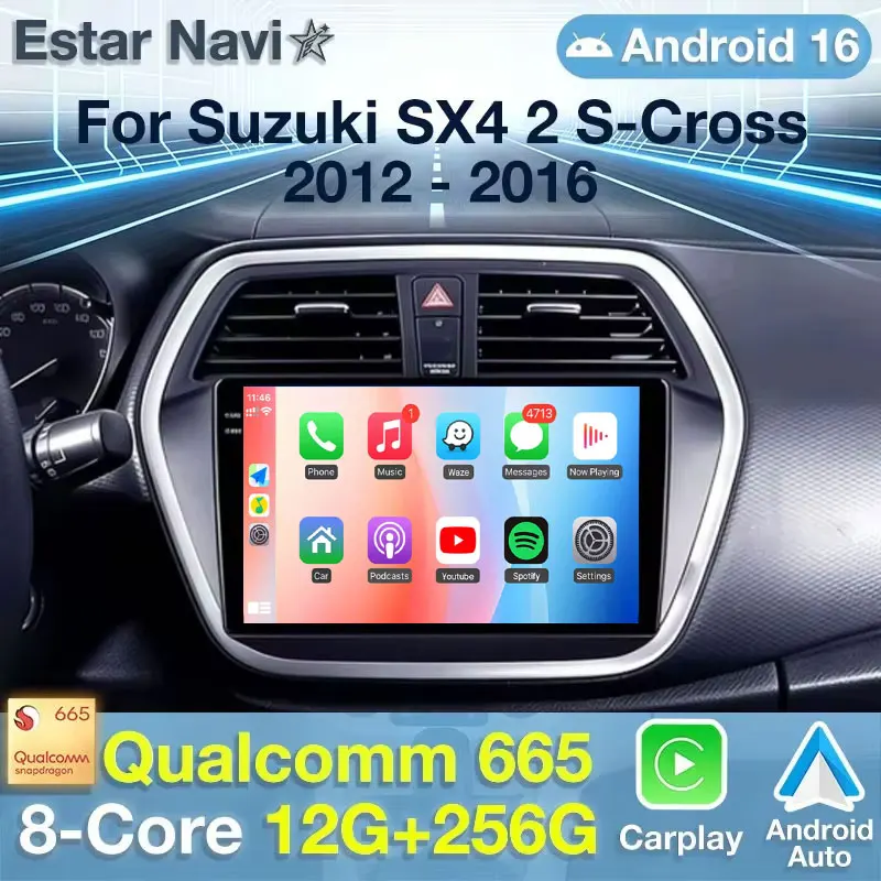 Android 16 For Suzuki Sx4 2 S-CROSS 2012-2016 Wireless CarPlay Android Auto Qualcomm Head Unit Stereo Player SWC 2 DIN Autoradio