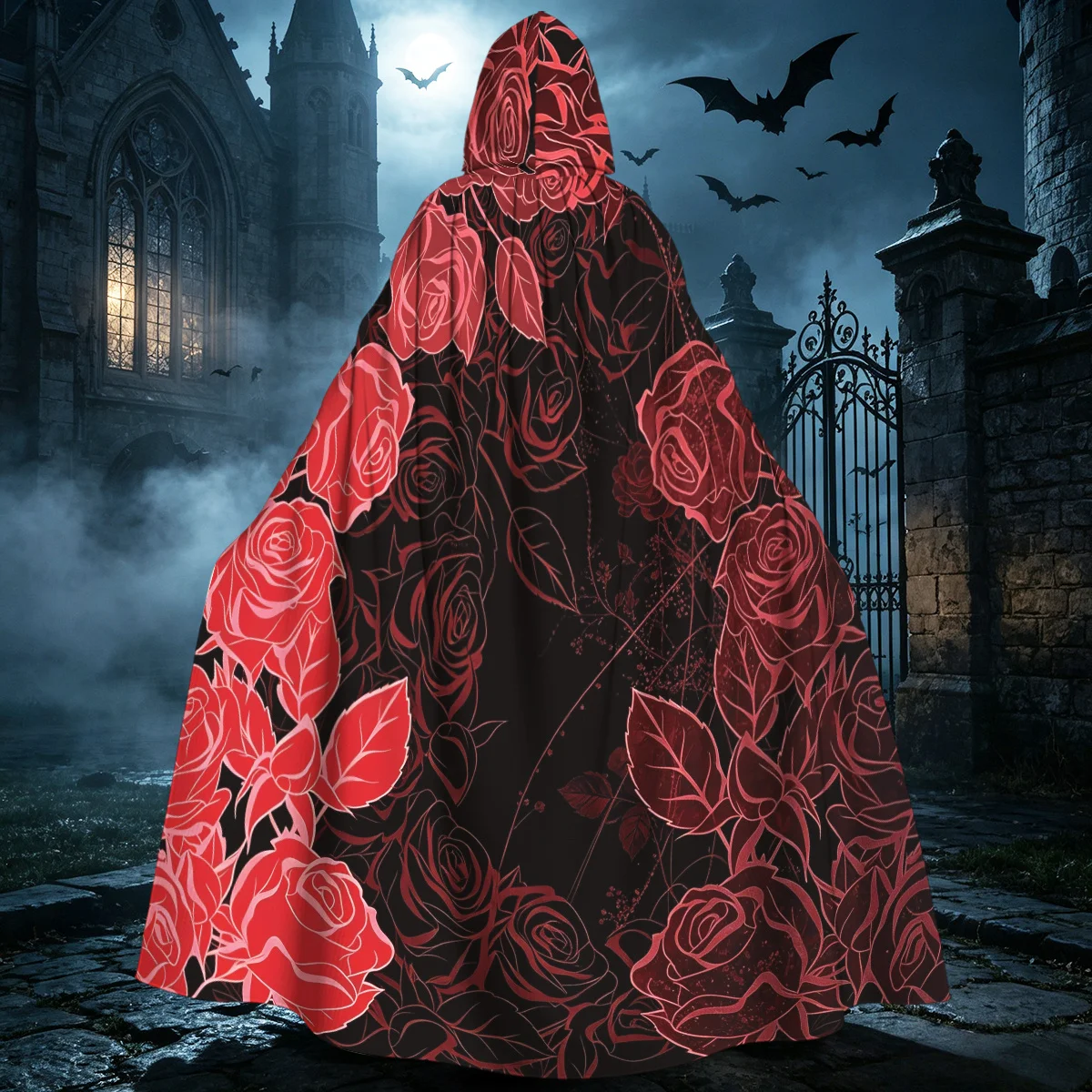 1pc Gothic Hooded Cloak Cape with Red Rose Floral Medieval Robe - Dark Vintage Witch Wizard Costume Suitable for Role-Playing
