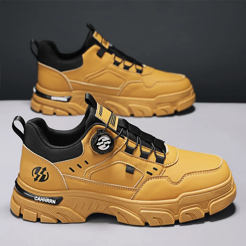 

Autumn Rotating Button Men's Work Sneakers Outdoor Non-slip Safety Shoes Man Yellow Platform Casual Sneaker Men chaussure hommes