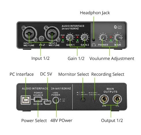 Q-24 Q-22 Q-12 Audio Interface Sound Card With Monitor Mixing Console Studio Recording Microphone 48V Phantom Power Sound Mixer