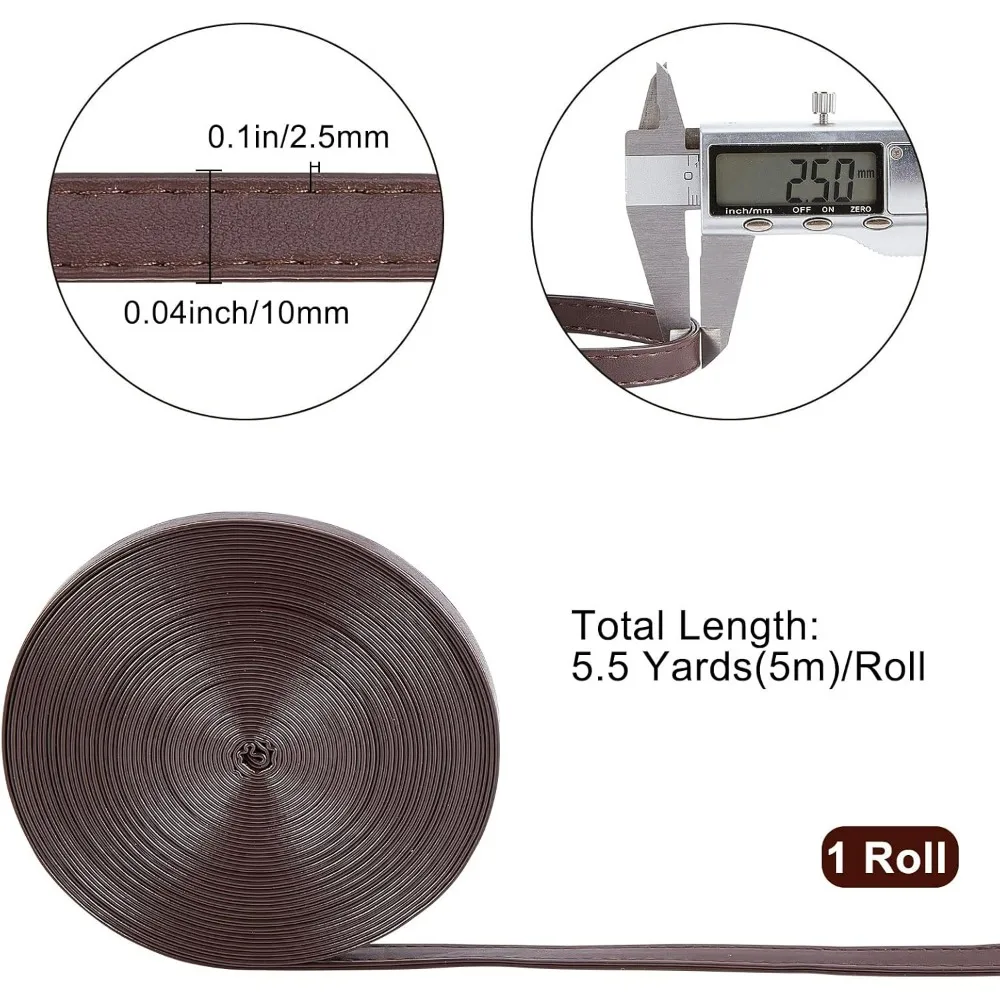 5M Double Sided Leather Strips 10MM Wide Shoulder Bag Leather Strap Roll Coconut Brown Smooth Leather String Flat Cord for Diy