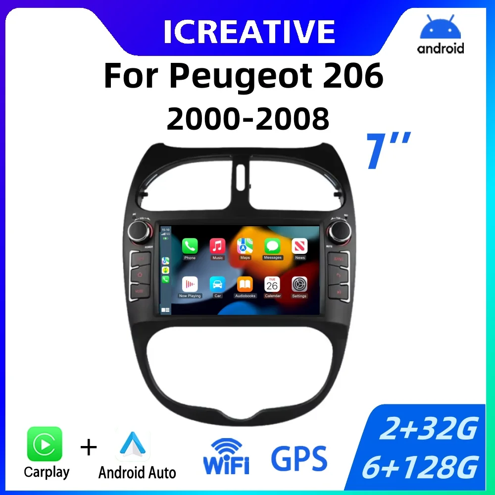 Autoradio Android 2Din pour Peugeot 206 206CC 206SW 2000 - 2008 7 pouces lecteur multimédia Carplay stéréo Autoradio Navigation GPS