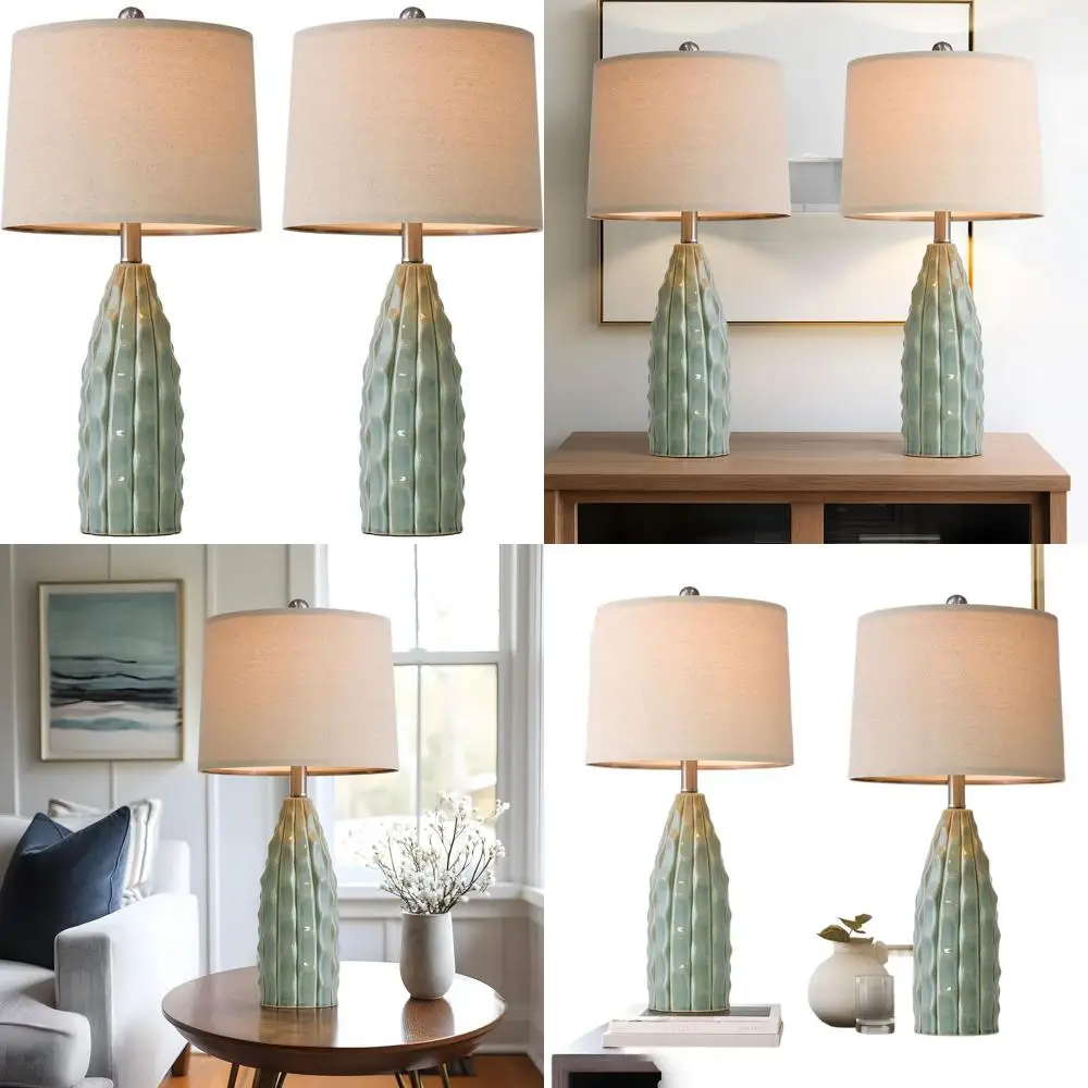 

Pair of 23.75 Modern Farmhouse Ceramic Table Lamps - Green Bedroom Nightstand Lights, Boho Decor for Living Room and Office Desk
