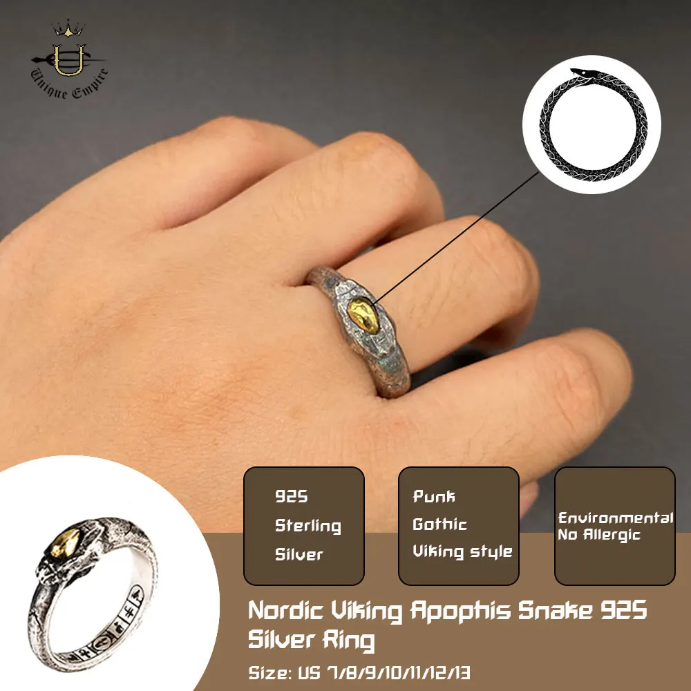 925 Sterling Silver Viking Darkness Bite Tail Snake Male Ring Retro Egyptian Totem Apophis Ring Fashion Punk Jewelry