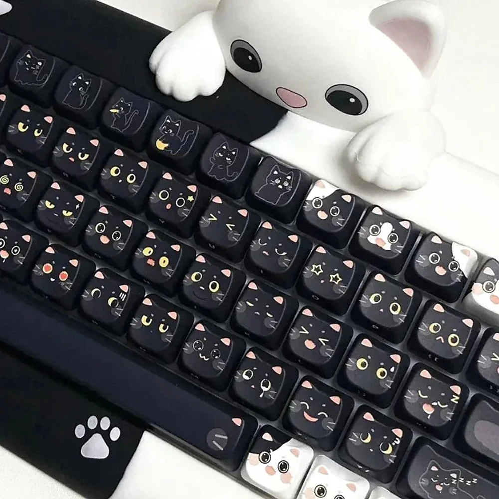 142 Keys MOA Profile Black Cute Naught Cat Theme Keycaps PBT ISO Layout Key Caps For 64/75/87/98/104 Mechanical Keyboard Key Cap