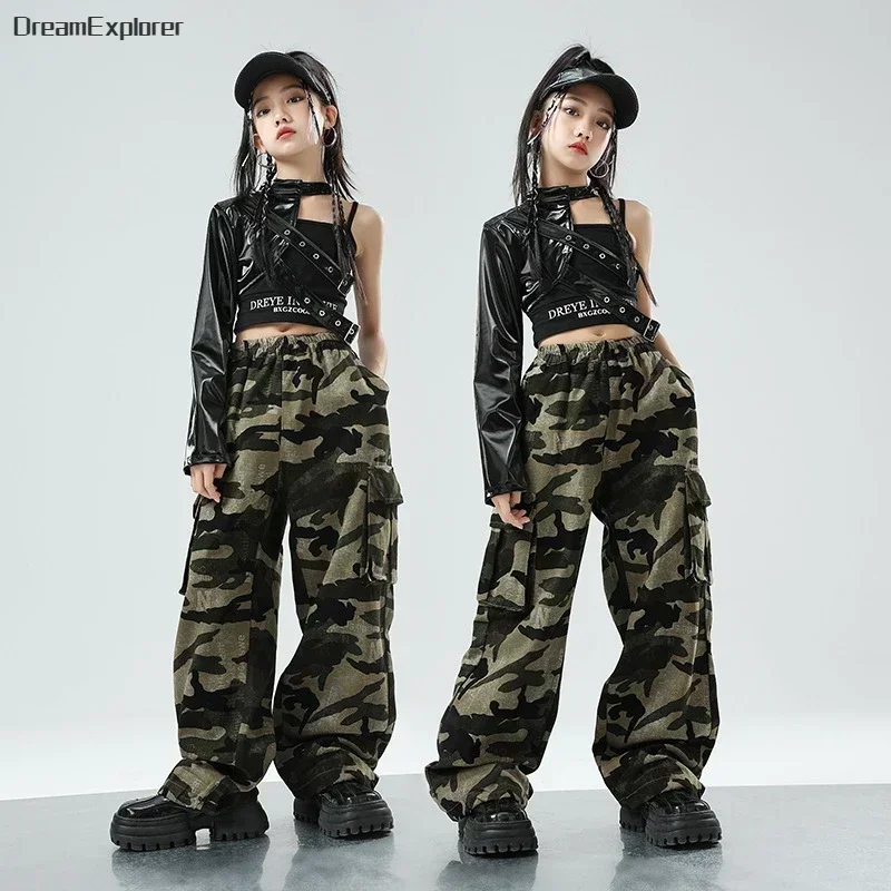Girls K-pop Crop Top Cuff Hip Hop Cargo Pants Clothes Set Child Shiny PU Leather Street Dance Costume Kids Camouflage Streetwear