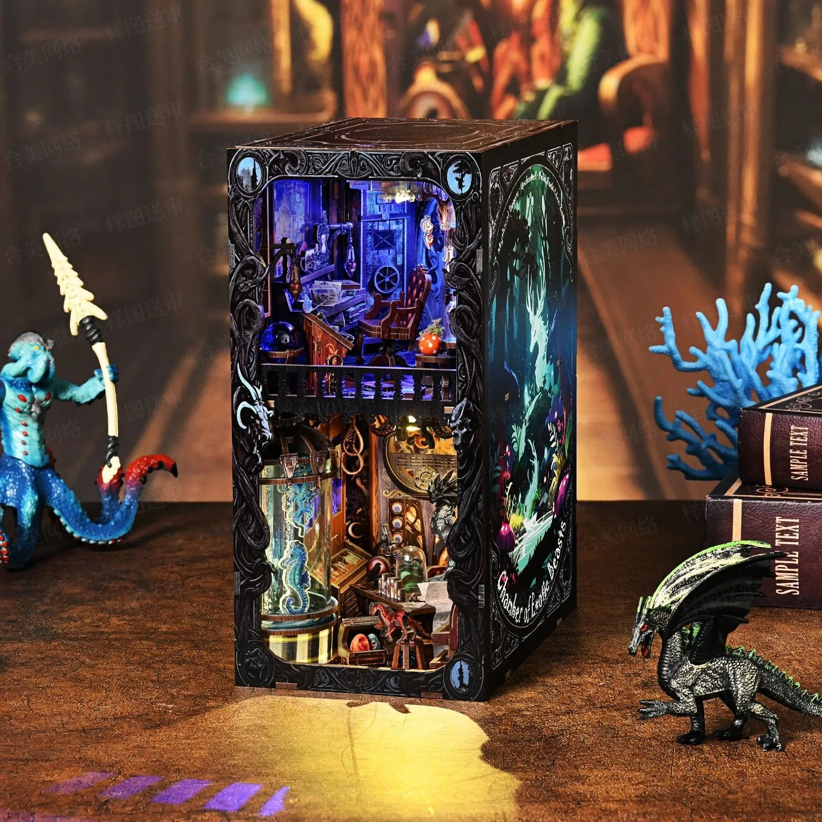 DIY Miniature Dollhouse Kit 3D Wooden Puzzle Bookend Book Nook for Bookshelf Cabinet of Curiosities Mythical Creatures Room Deco