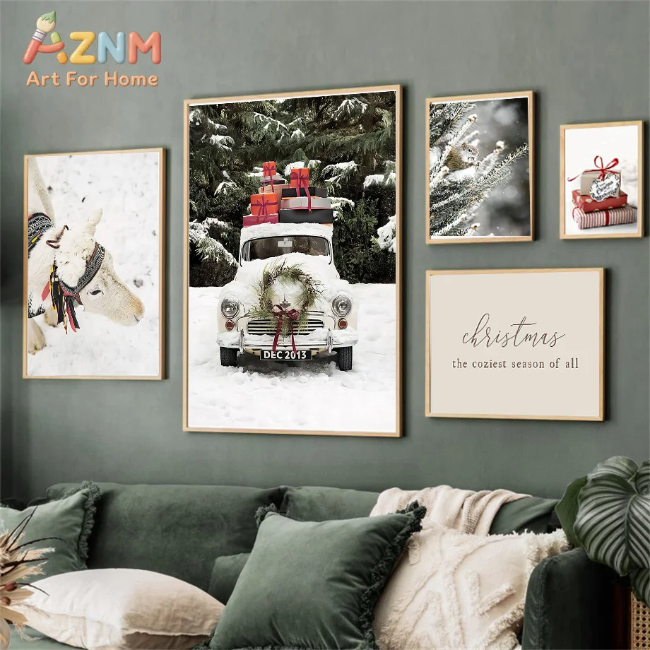 AZNM Frameless 2D Flat Winter Christmas Vintage White Truck Canvas Print, Reusable Farmhouse Holiday Home Wall Art Decor