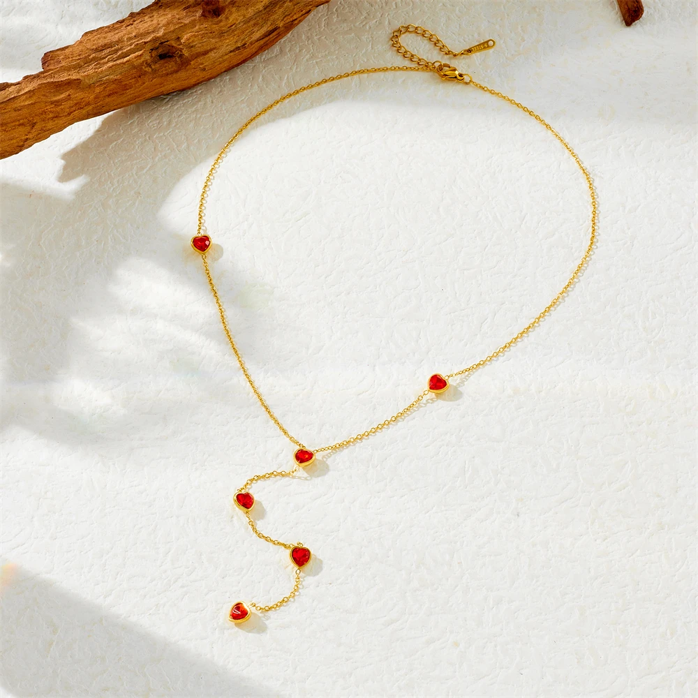 DIEYURO 316L Stainless Steel Colorful Heart-shaped Zircon Long Fringe Chain Necklace For Women Fashion Neck Jewelry Gift Joyas