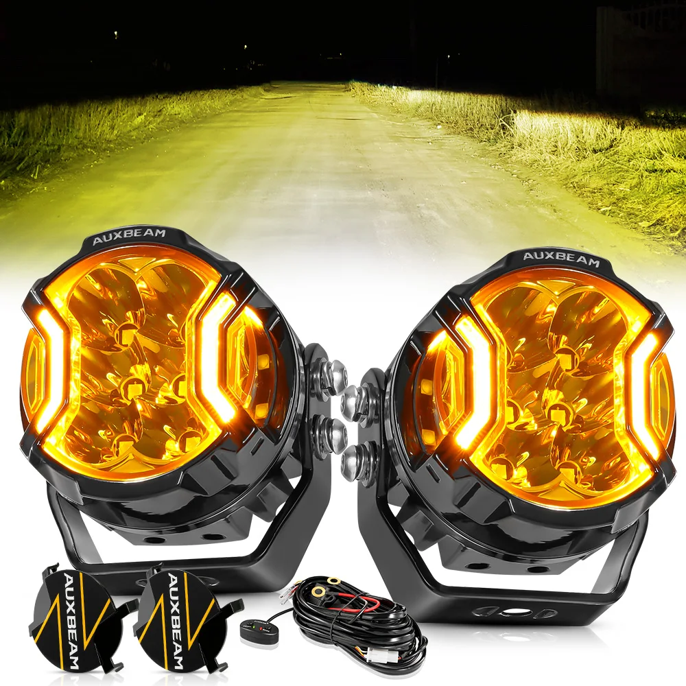 AUXBEAM V-ULTRA SERIES 3 inch LED Driving Lights 108W 12800LM Pod Light Spot + Hyper Beam Amber DRL with Black Shells Cover