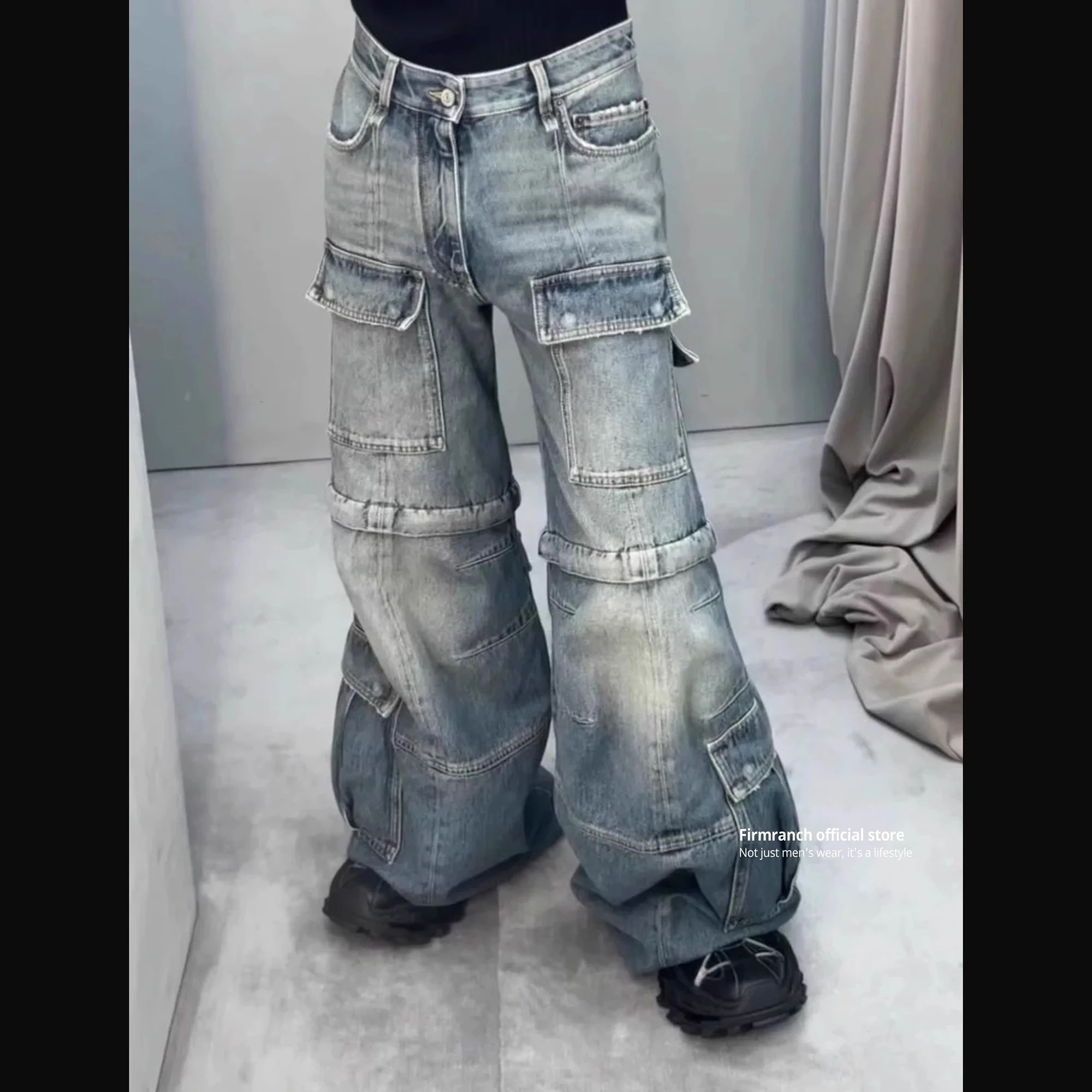 

Firmranch Blue Make Old Detachable Cargo Denim Pants For Men Women High Street Flared Jeans Two Ways To Wear Bootcut Trousers