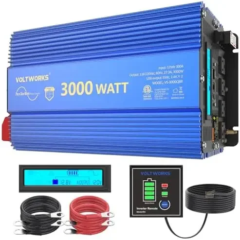 VOLTWORKS 3000W Pure Sine Wave Power Inverter 3000 Watt 12V DC to 110V 120V AC ETL Listed UL458 Compatible with Starlink & Lithi