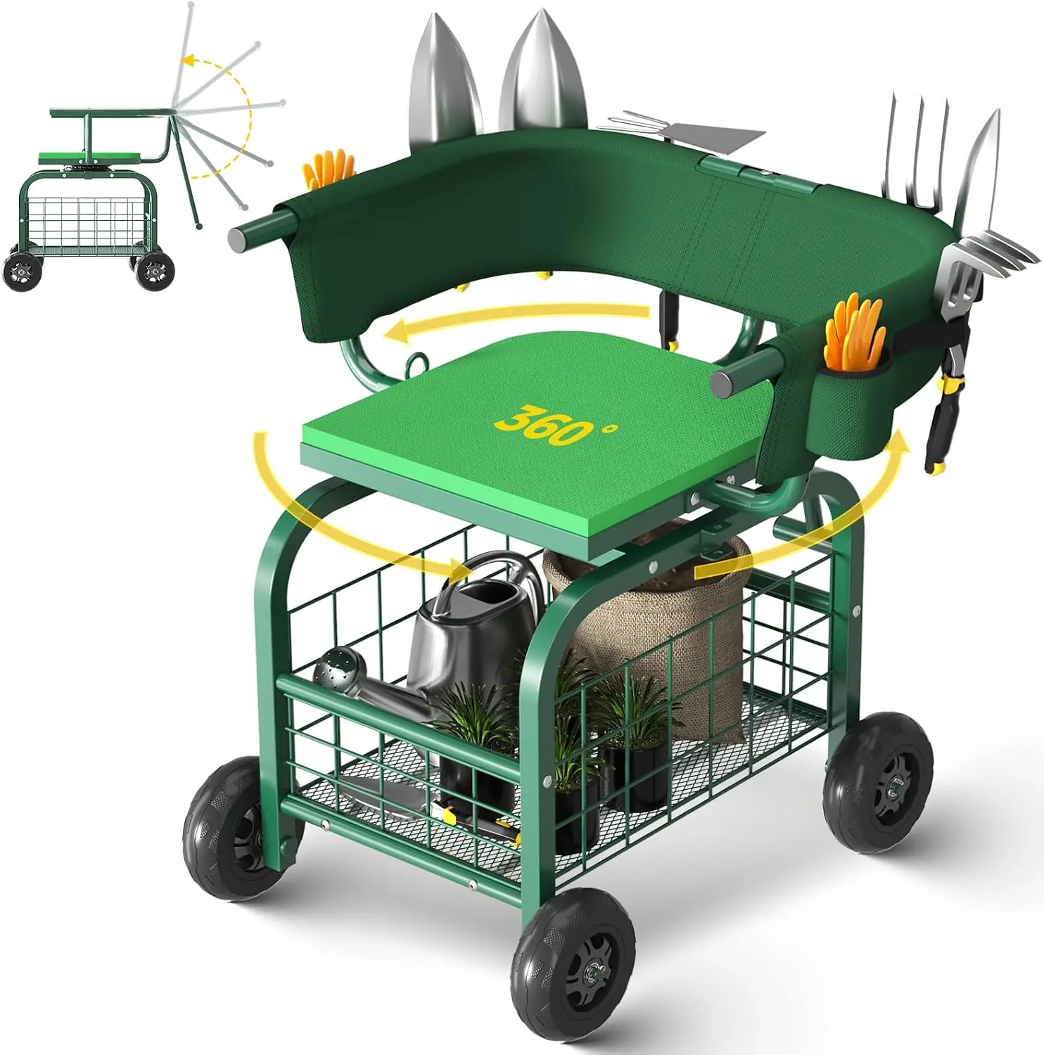 Garden Seat with Wheels, Rolling Gardening Stool with 360 Swivel Seat & Backrest,Tool Storage Basket & Back Tool Pouch, Adjustable Handle, Outdoor Gardening Scooter, Garden Cart for Seniors