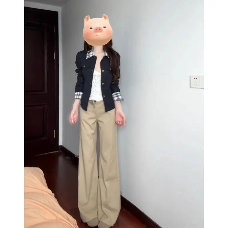 Khaki Low-rise Straight-leg Jeans for Women's Autumn Without Legs, Loose and Thin Flared Pants, Spice Girl Drape Trousers view 4