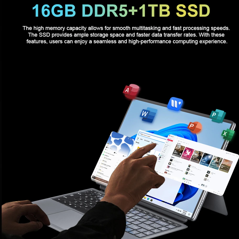 CRELANDER Ordenador portátil en uno Intel n100 de 14 pulgadas 2k pantalla táctil ddr5 16GB Windows 11 tableta de teclado RGB mini portátil