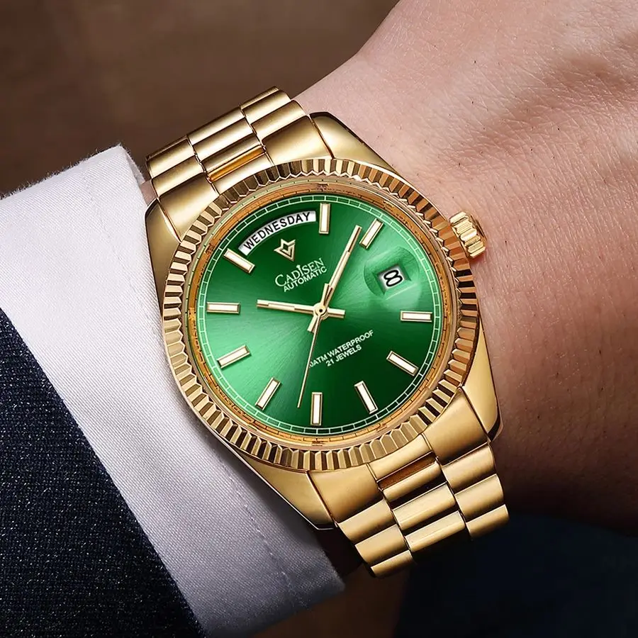 

CADISEN Men Watches Luxury Golden Automatic Mechanical Watch Men Sapphire Glass 10Bar MIYOTA 8285 Movement DD40 Week Wristwatch
