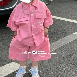 2024 Sommer neue Jungen Baumwolle rosa Kleidung setzt Doppelt asche Hemd Baby Shorts 2 Stück lässige Mode Kinder kleidung Outfits 2-9 Jahre